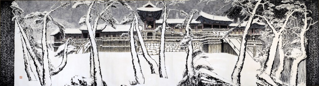 박대성, 불국설경, 1996, Ink on paper, 291.6x1084cm,